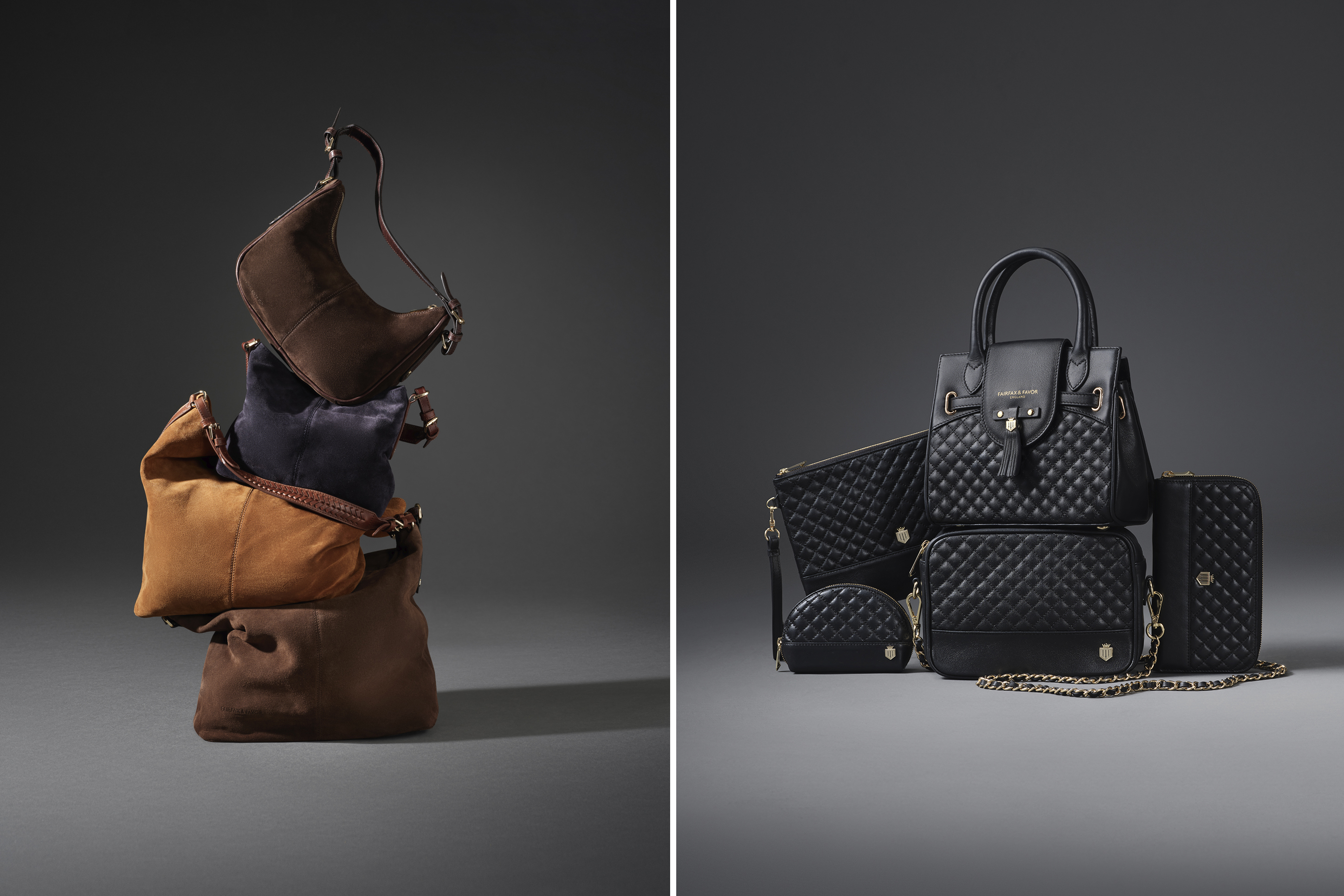 advertising photo shoot A/W for Fairfax and favor handbags on dark grey backdrop